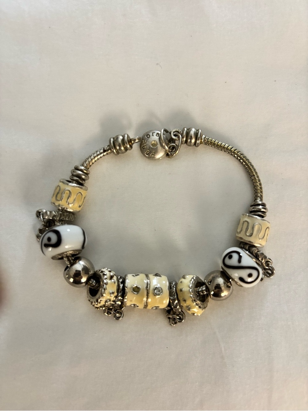 Pandora Silver Bracelet with Yellow Enamel and Black-White Glass Charms
